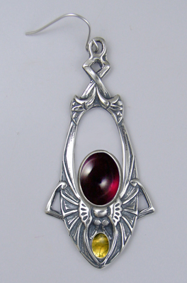 Sterling Silver Dramatic Art Deco Drop Dangle Earrings With Garnet And Citrine